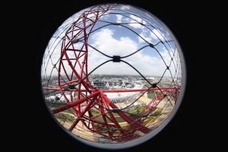 England, London, Stratford Fisheye view over the Olympic park from Anish Kapoors Orbit sculpture.