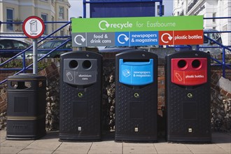England, East Sussex, Eastbourne, Recycling bins on the seafront promenade. Photo : Stephen