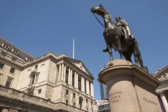 England, London, The Bank of England and Duke of Wellington statue Threadneedle Street. 
Photo Mel
