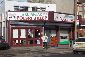 England, West Sussex, Bognor Regis, Exterior of Polish delicatessen. 
Photo Stephen Rafferty / Eye
