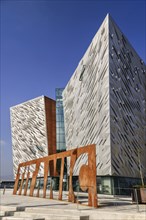 Ireland, North, Belfast, Titanic Quarter  Titanic Belfast Visitor Experience  General angular view of the building with Titanic sign outside.
