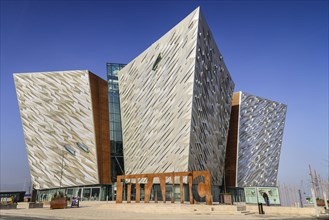Ireland, North, Belfast, Titanic Quarter  Titanic Belfast Visitor Experience  General view of building with Titanic sign outside.