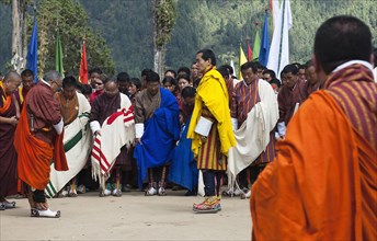 Bhutan, Gangtey Gompa, 4th King of Bhutan leaving after inauguration of new temple; surrounded by