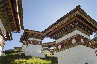 Bhutan, Dochu La, Chortens to commemorate victory of the 4th King in battle near Thimphu. 
Photo