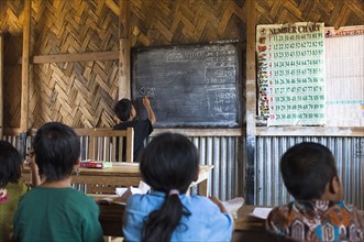 Bangladesh, Chittagong Division, Bandarban, School boy writing Bangladeshi on the backboard in a UN supported primary school classroom.