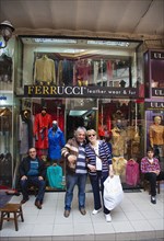 Turkey, Istanbul, Fatih, Sultanahmet, Kapalicarsi, Customer and owner of Ferrucci's Leather Wear