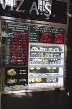 Turkey, Istanbul, Fatih, Sultanahmet, Kapalicarsi, Gold shop displaying prices of precious metals