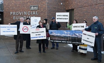 Canada, Alberta, Cardston, Anti-fracking protestators demonstrate outside the Alberta Provincial Court in support of Lois Frank  arrested and charged under the criminal code for intimidation and block...