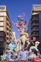 Spain, Valencia Province, Valencia, Typical falla scene with Papier Mache figures in the street