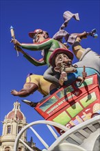 Spain, Valencia Province, Valencia, Las Fallas scene with Papier Mache figures on a Bus Turistic in