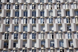 Spain, Catalonia, Barcelona, Barceloneta, Exterior of apartment block building. 
Photo Stephen