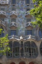 Spain, Catalonia, Barcelona, Exterior of Casa Batllo on Passeig de Gracia  designed by Antoni Gaudi.