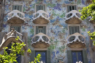 Spain, Catalonia, Barcelona, Exterior of Casa Batllo on Passeig de Gracia  designed by Antoni Gaudi.