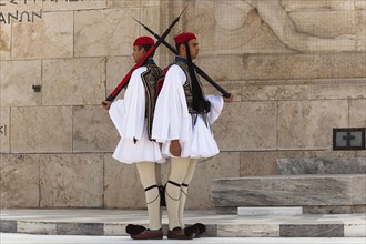 Greece, Attica, Athens, Greek soldiers, Evzones, beside Tomb of the Unknown Soldier, outside