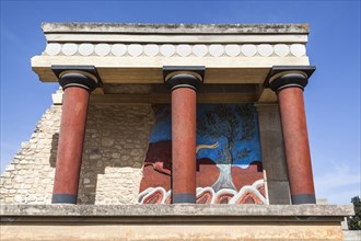 Greece, Crete, Knossos, The north entrance, depicting the charging bull fresco, Knossos Palace.