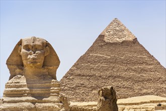 Egypt, Cairo Area, Giza, The Great Sphinx and Pyramid of Khafre, also known as Pyramid of Chephren.