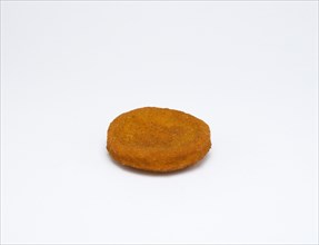 Food, Cooked, Fish, Single fried fishcake on a white background.