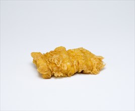Food, Cooked, Fish, Single fried battered portion of huss on a white background.