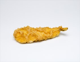 Food, Cooked, Fish, Single fried battered portion of cod on a white background.