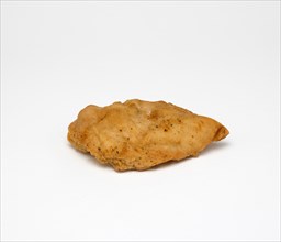 Food, Cooked, Poultry, Single battered chicken breast fillet on a white background.