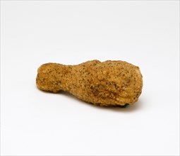 Food, Cooked, Poultry, Single breaded chicken drumstick on a white background.