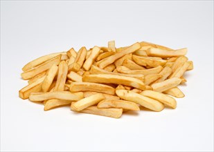 Food, Cooked, Vegetables, Large portion of potato chips on a white background.