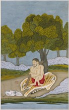 Ascetic seated on a tiger skin by a pool with a dog lying beside him