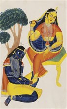 Krishna agenouillé devant Râdhâ