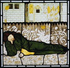 Chaucer Asleep, one of a series of six stained glass  panels designed  by Edward Burne-Jones.  England, c.1864