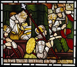 The legend of St George: How the woeful Princess... Stained glass panel by Dante Gabriel Rossetti. England c.1862