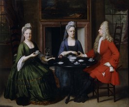 Two Ladies & An Officer Seated at Tea, by Nicolaes Jansz Verkolje. Netherlands, 1715-20