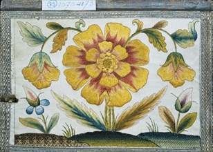 Marigold and poppy flowers from an embroidered boxSilk embroideryBritain; Third quarter 17th Century