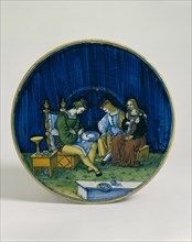 Plate; tin-glazed earthenware, painted in colours - Maiolica with a mark SP + Monogram crossItalian (Cafaggiolo)01/07/76