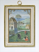 April - Country Courting Couples & Buttercups; a leaf from the Calender; - recto, whole item with frame; from a Book of Hoursby Simon Benninck (1483 - 1561);Netherlands.