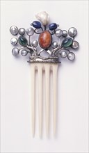 Comb; ivory, silver & gemstones; by Joseph Hodel; English; c.1905.