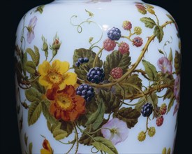 Vase; opaline glass, painted & gilded; - detail of fruit and flowers; attibuted to Jean-Francois Robel; French; 1850. One of 6 views.