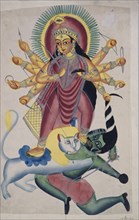 Durga Killing Mahishasura; Kalighat; Calcutta; c.1855 - 60; Watercolour.