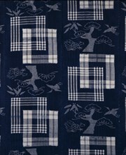 Detail of bedding cover or futon-ji; - Pine Trees, Tortoise & Crane with Geometric Design; cotton woven with selectively pre-dyed yarns (kasuri); Japanese (Chikogokawa District);  19th century.