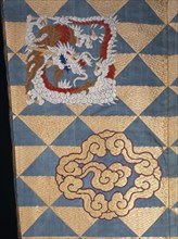 Detail of a No robe; Dragons & Clouds on a Triangular Scale Ground; brocade silk; Japanese; 18th century.
