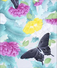 Page from a textile sample book; - Butterflies & Flowers; silk or synthetic fibre with printed decoration; Japanese; 1939.