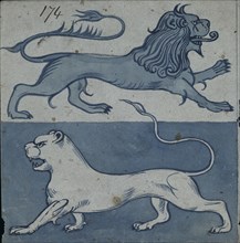 Design for a tile - Lions; by William de Morgan (1839 - 1917); painted previous to 1888. Watercolour.