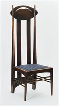 High Backed Chair; stained oak with drop in seat;designed by Charles Rennie Mackintosh (1868 - 1928);Scottish (Glasgow);Designed 1897, probably made circa 1900.