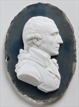 Relief; Portrait of Robert Adam (1728 - 92); moulded opaque white glass mounted on glass backed with paper;made & signed by James Tassie (1735 - 99);English (London);circa 1792.