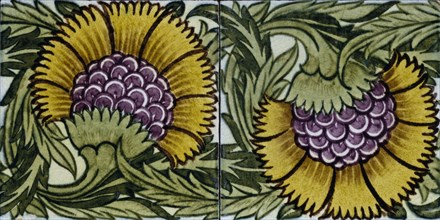 2 Tiles - BBB; earthenware, hand-painted on a white slip;designed by William De Morgan (1839 - 1917) & made by his firm;English (Fulham, London);1898.