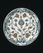 Dish decorated in Isnik style; bone china, painted;made by Minton & Co.;English (Stoke-on-Trent, Staffordshire);1862.