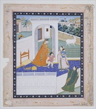Krishna regardant Radha et ses enfants par-dessus le mur