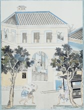 Silk Merchant Arriving at a Foreign Firm; page from an album; by Jun Wu; Chinese (Canton); c.1840 - 70.Watercolour on paper.