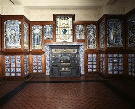 The Poynter or Grill Room; looking eastward with grill, stained glass panel & tile panels; V&A Museum, South Kensington; October 2000.