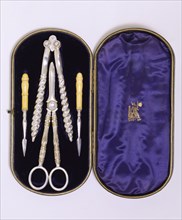 Boxed Set of Nut Picks, Nut Crackers & Grape Scissors, by William Hutton & Sons. England, 1880-90
