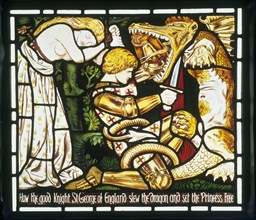 Stained glass panel of The Legend of St George, designed by Dante Gabriel Rossetti. England c.1862